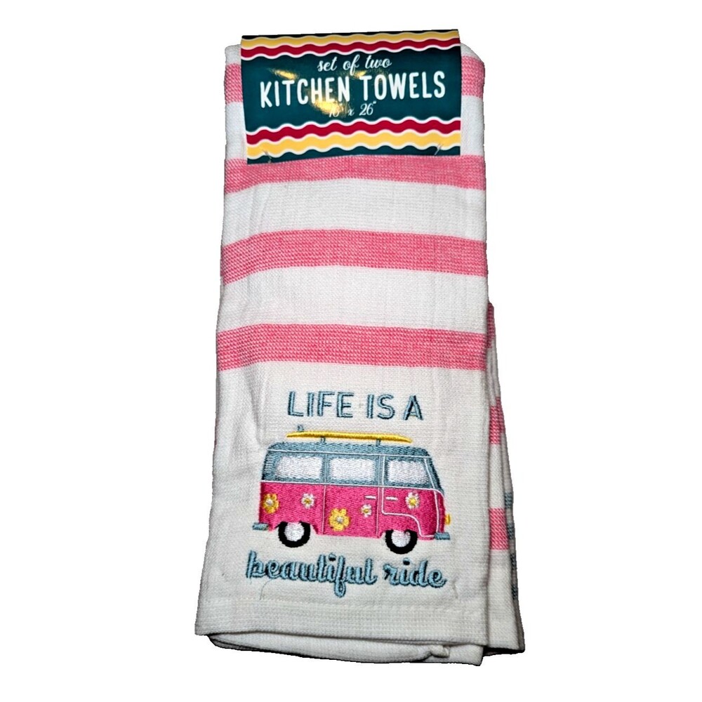 Embroidered Life is a Beautiful Ride Kitchen Towels Pink Beach Van Surfboard NWT
